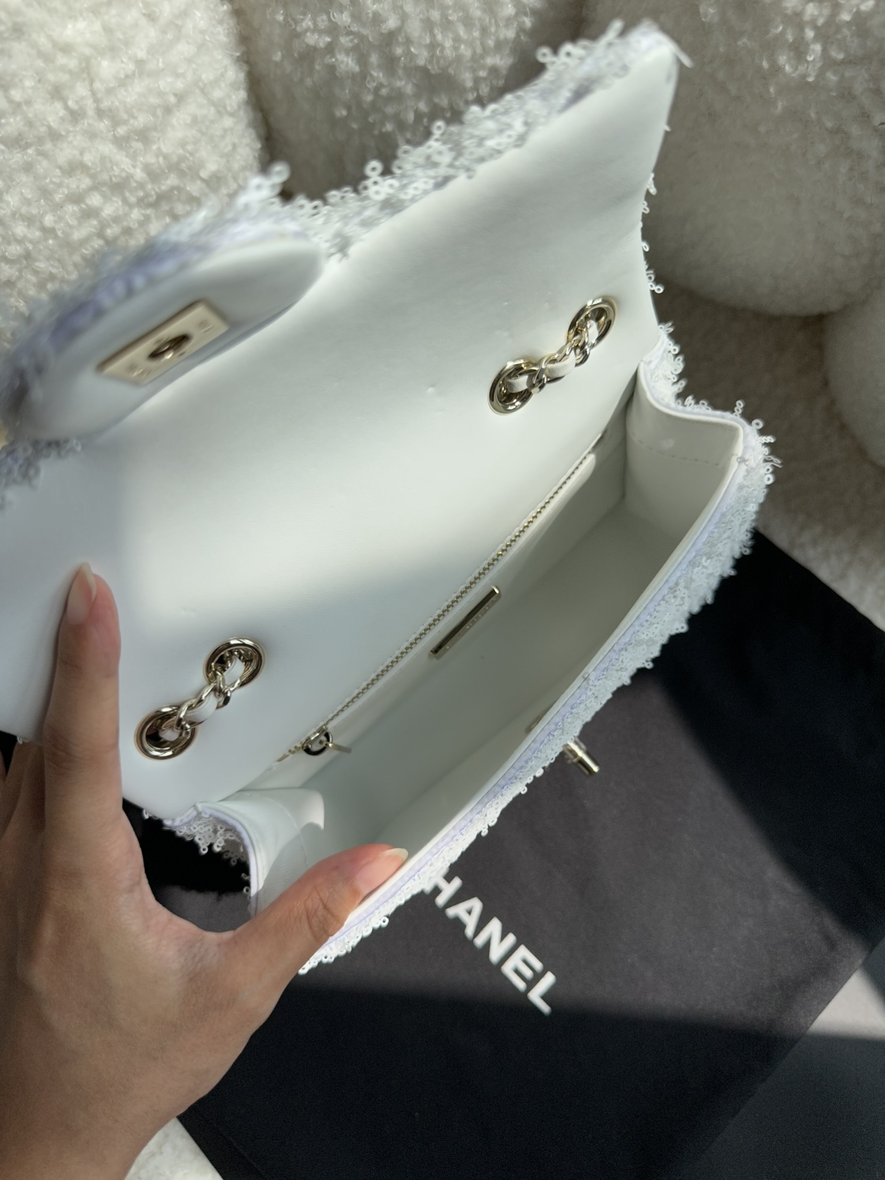 CHANEL Evening Bag Fringed Sequins & Gold-Tone Metal White