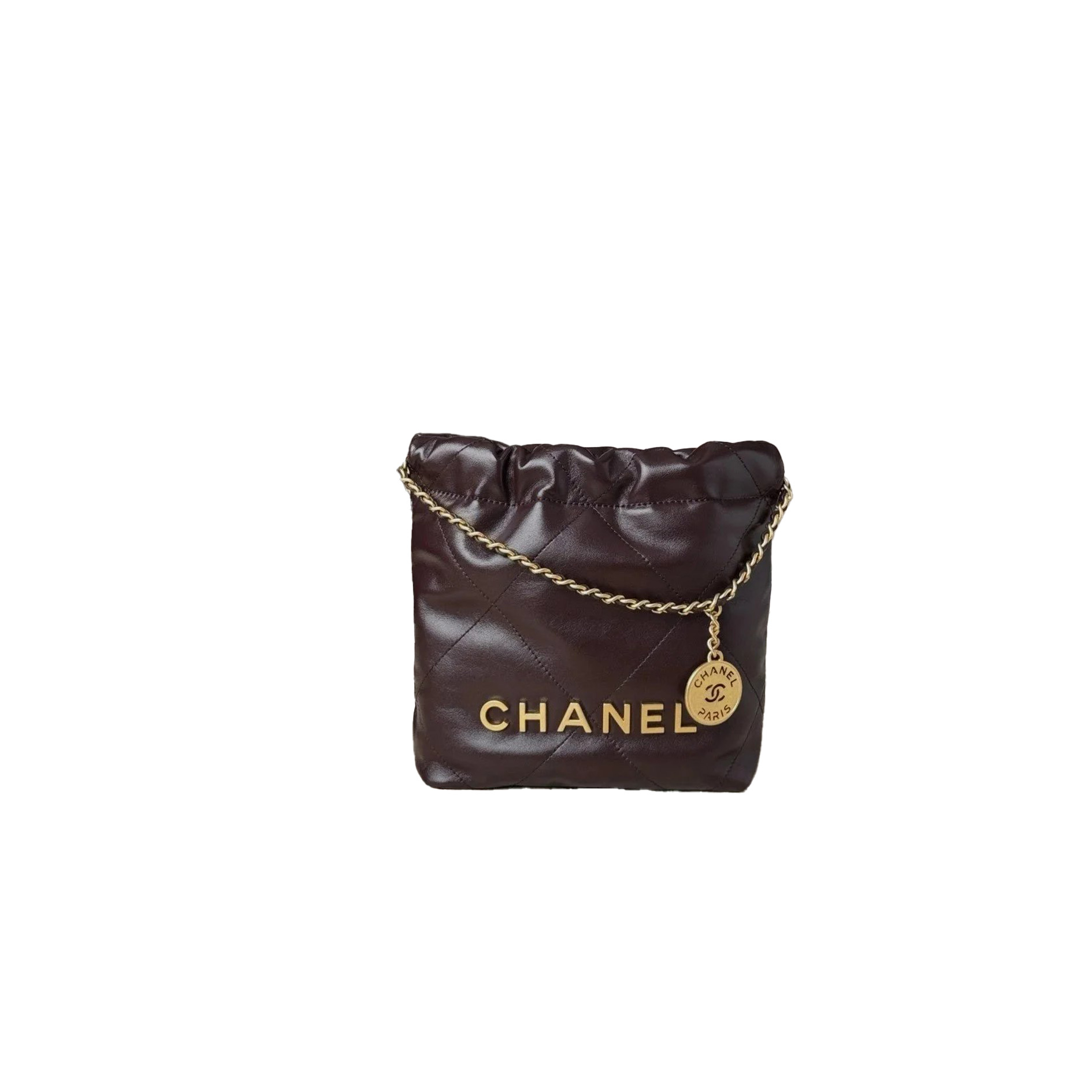 CHANEL Shiny Calfskin Quilted Mini 22 Dark Brown