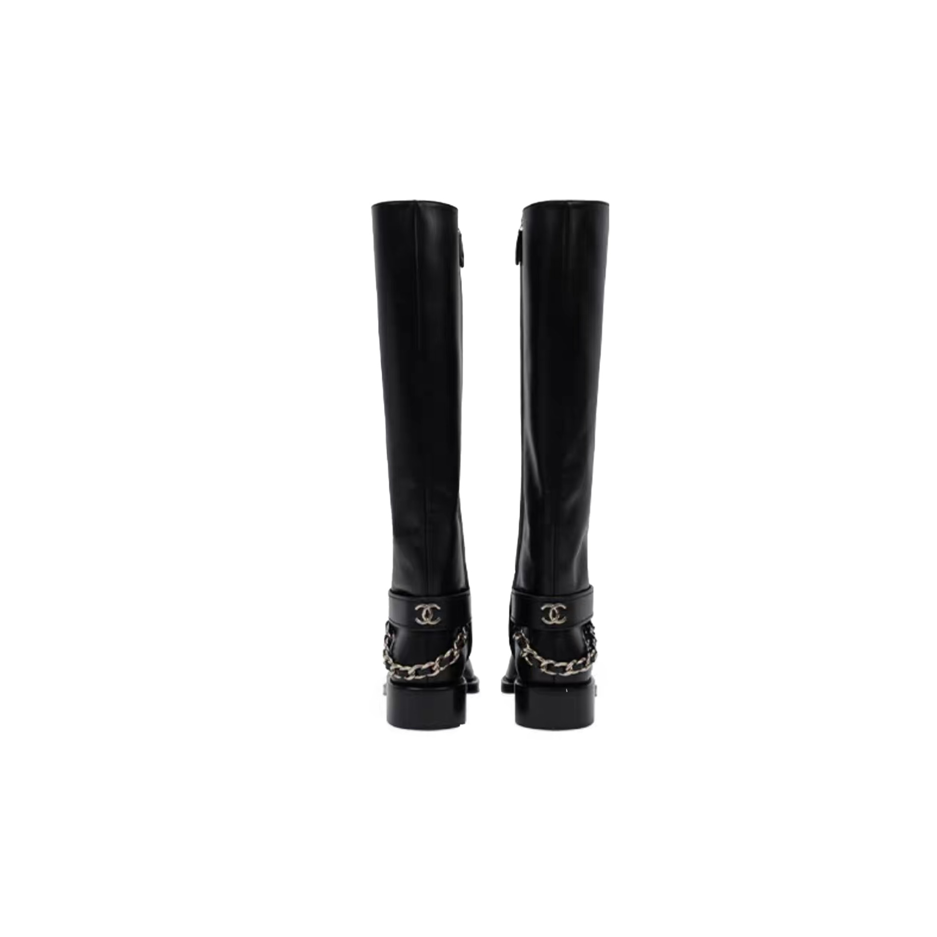 CHANEL riding boots with CC and chain at back