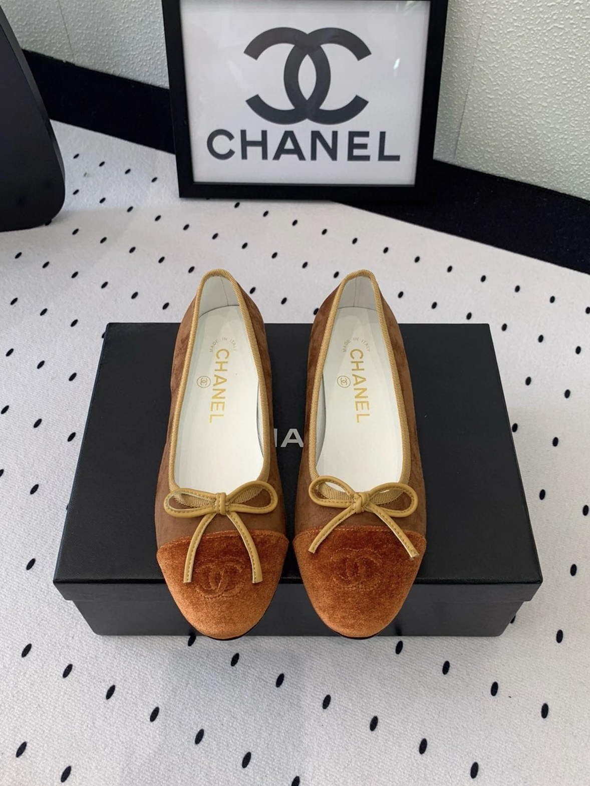 CHANEL Velvet Cap Toe CC Ballerina Flats