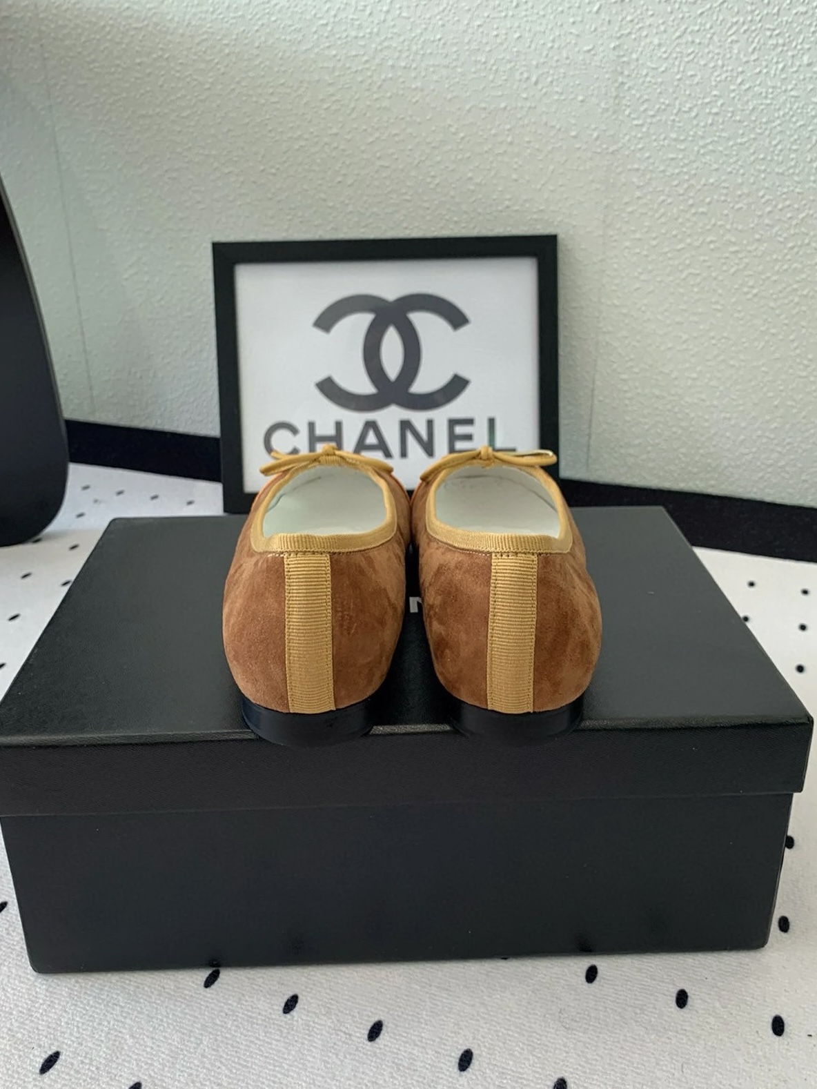 CHANEL Velvet Cap Toe CC Ballerina Flats
