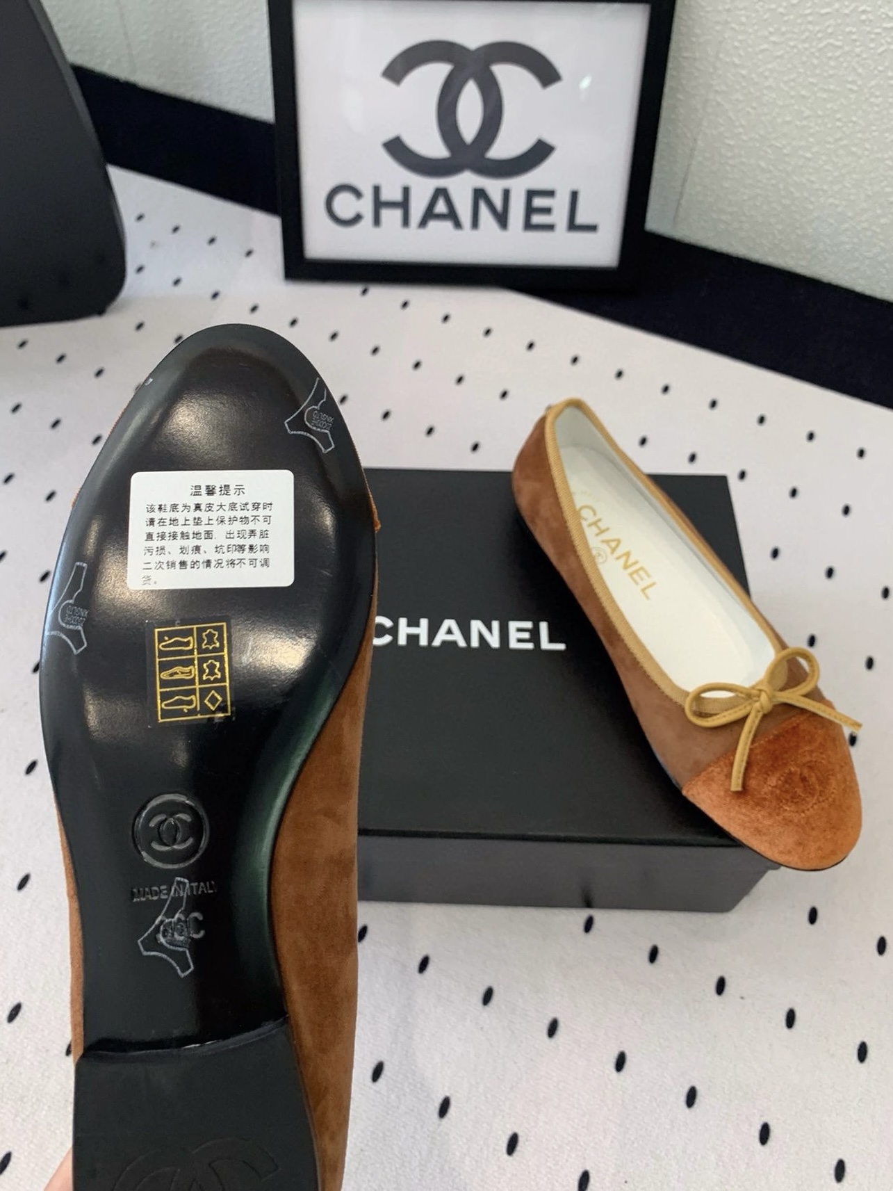 CHANEL Velvet Cap Toe CC Ballerina Flats