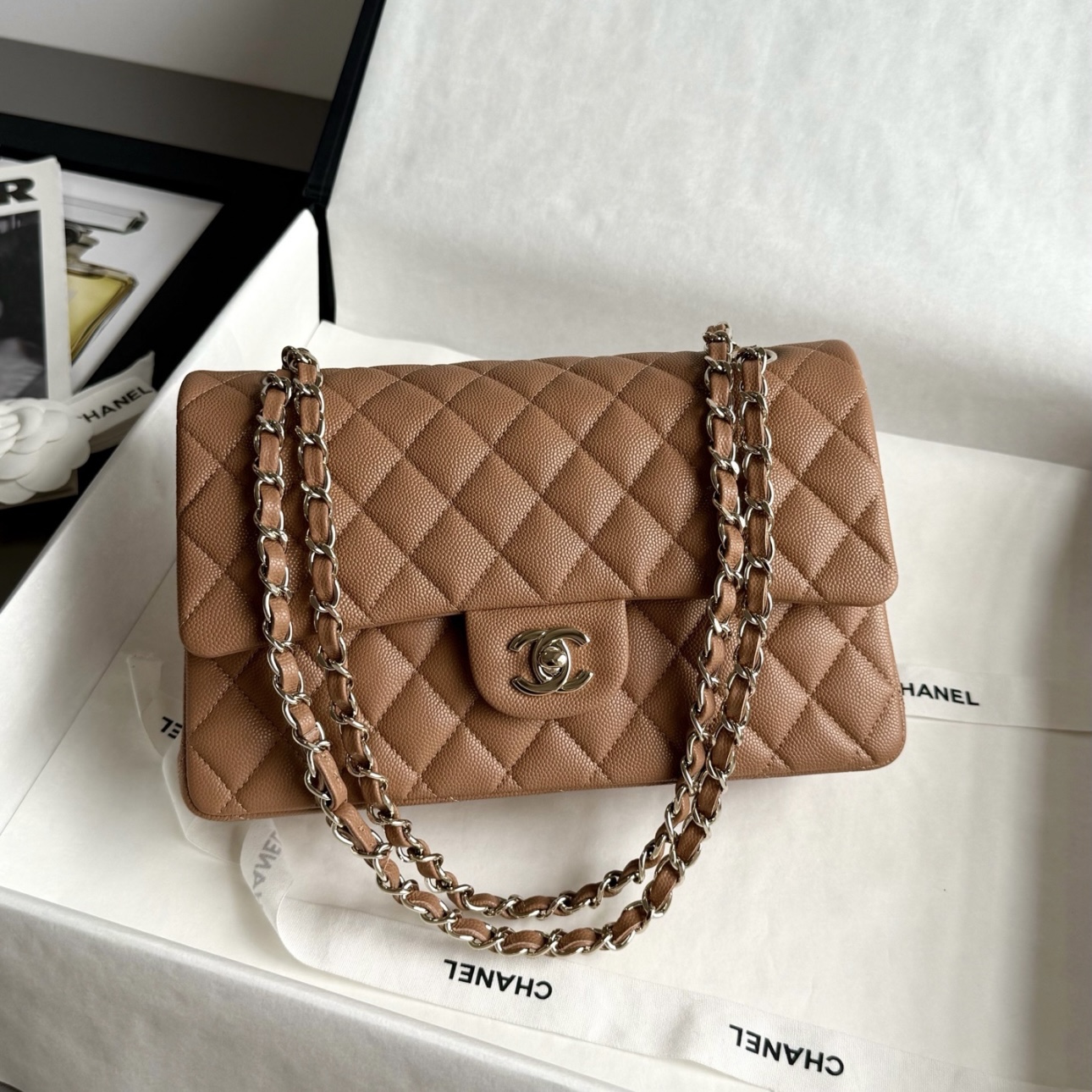 CHANEL Caramel Classique Flap Medium Handbag Caviar Leather