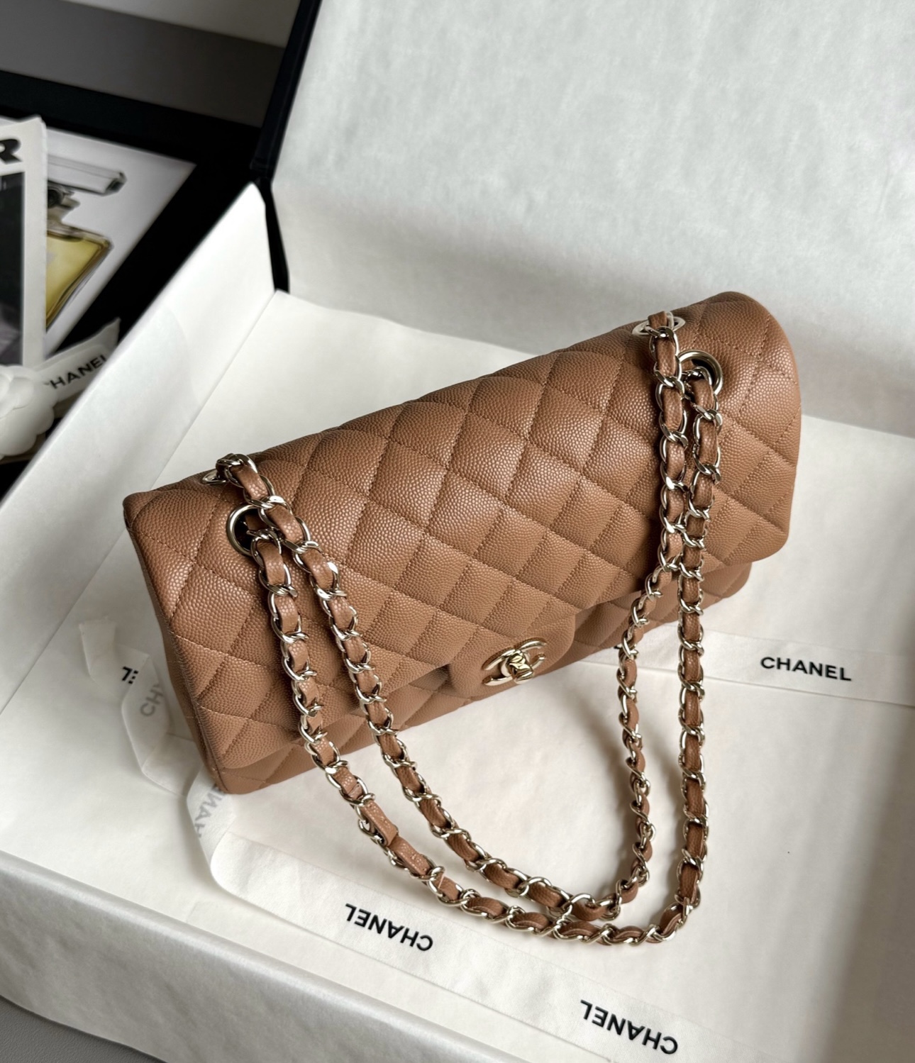 CHANEL Caramel Classique Flap Medium Handbag Caviar Leather