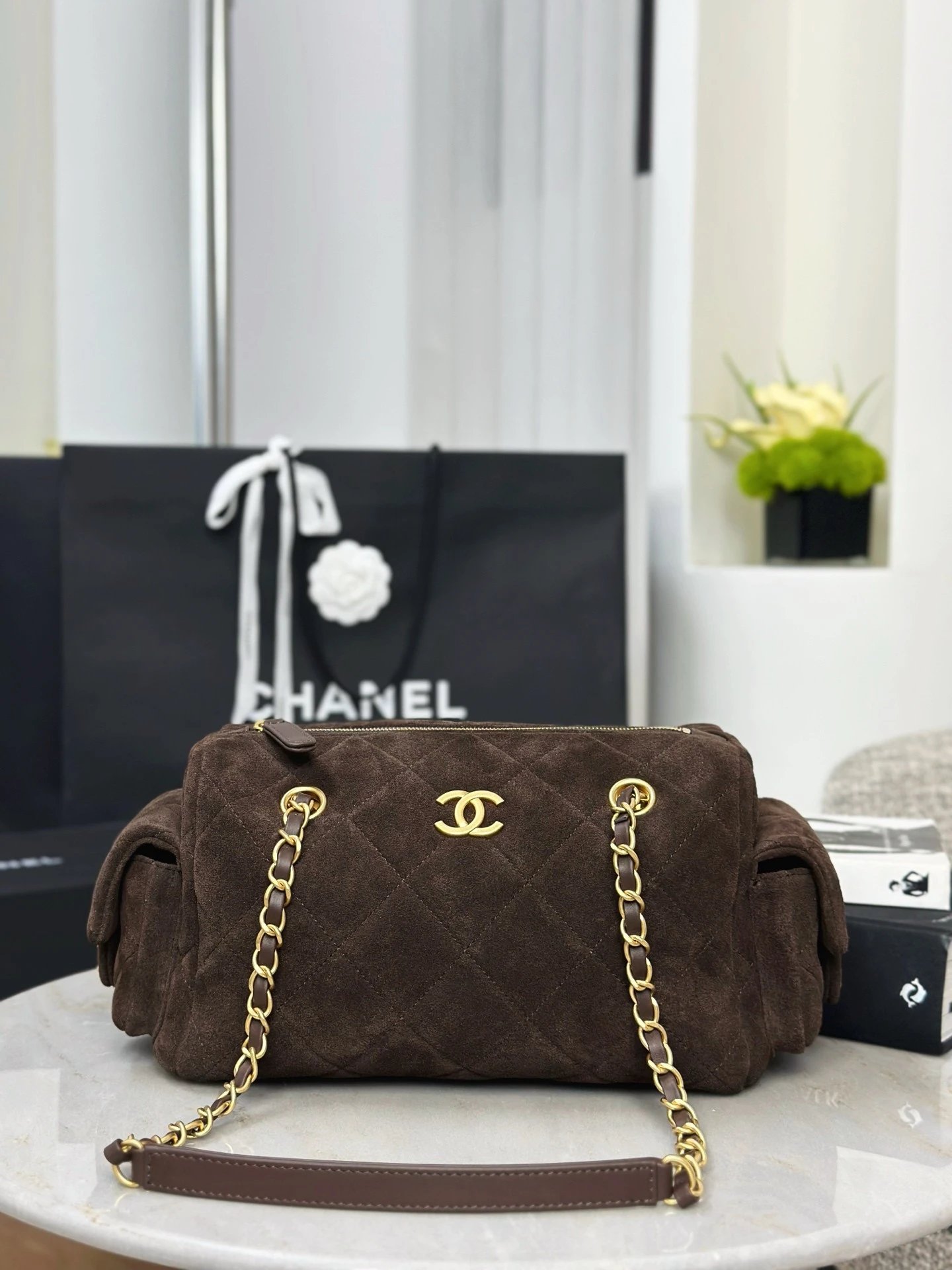 CHANEL 25K Metallic Quilted Bowling Bag in Calfskin,