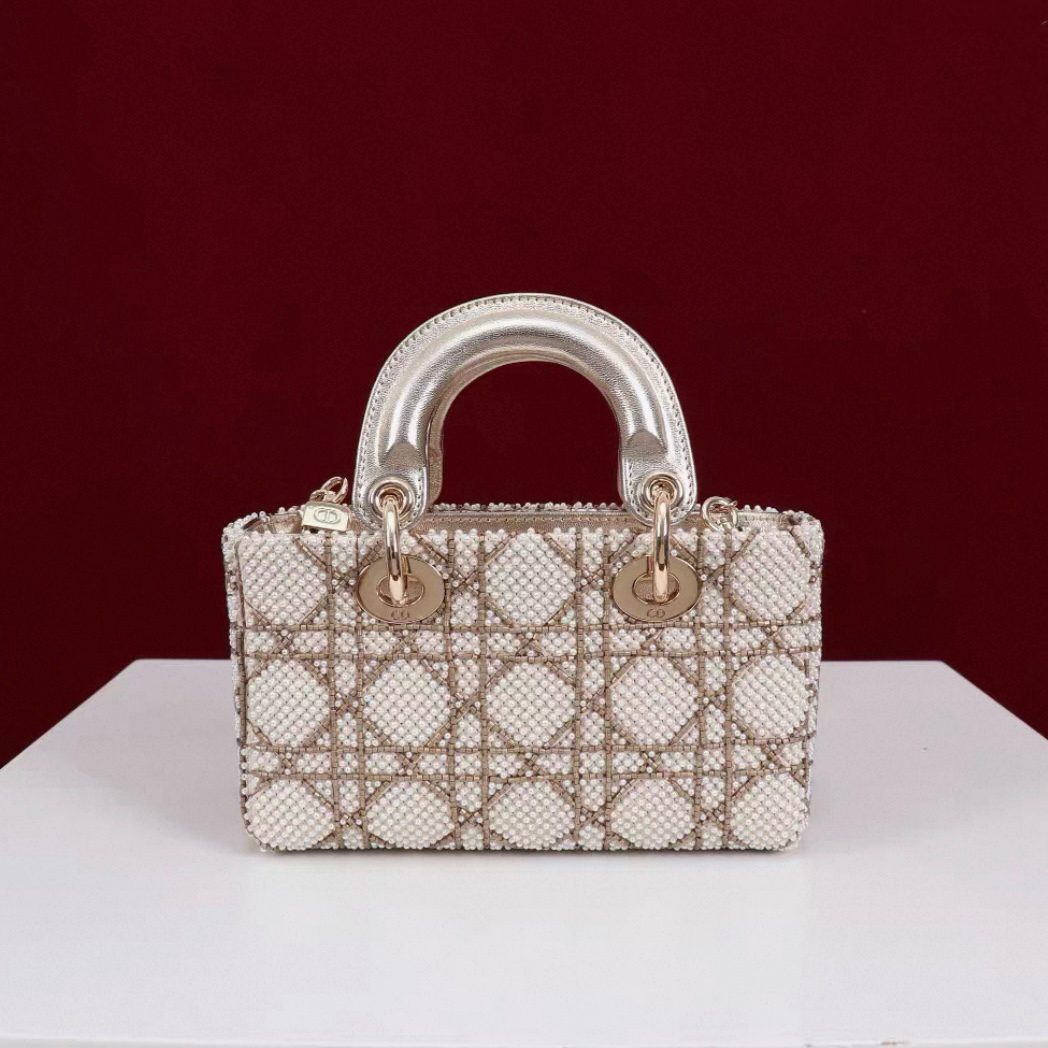 DIOR Lambskin Pearl Embroidered Micro Lady D-Joy Gold