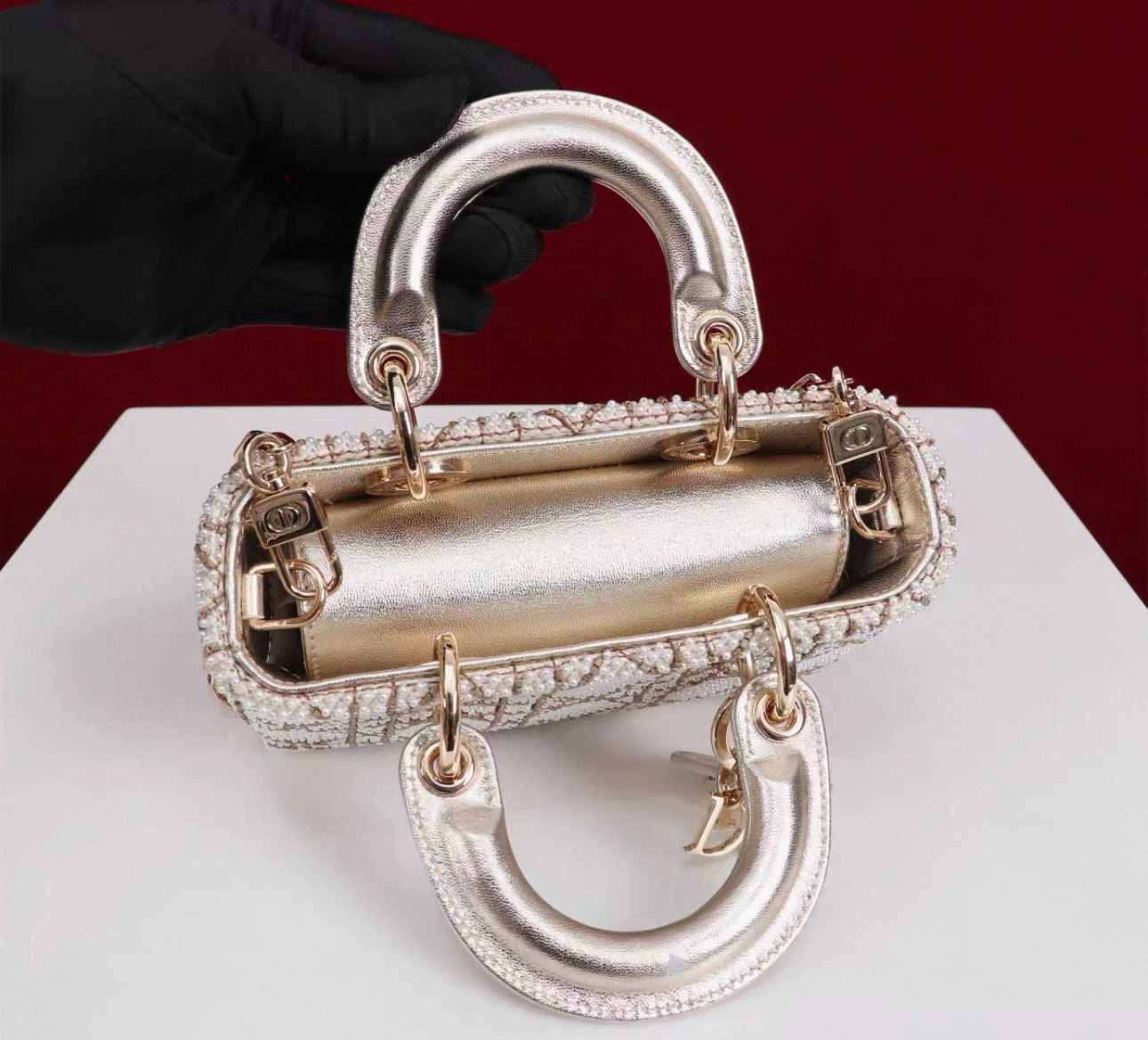 DIOR Lambskin Pearl Embroidered Micro Lady D-Joy Gold