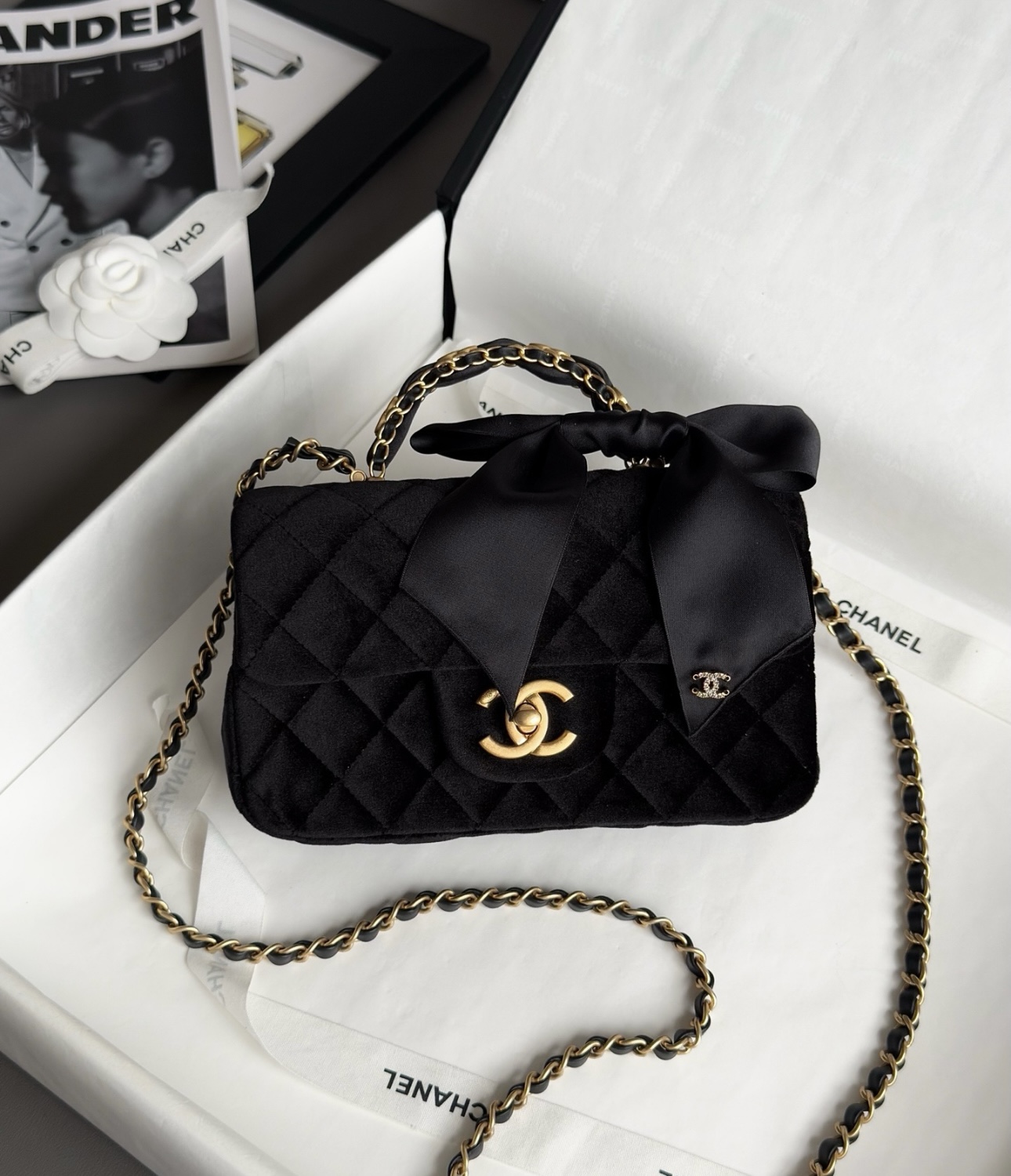 CHANEL Mini Flap Bag with Top Handle Velvet, Silk