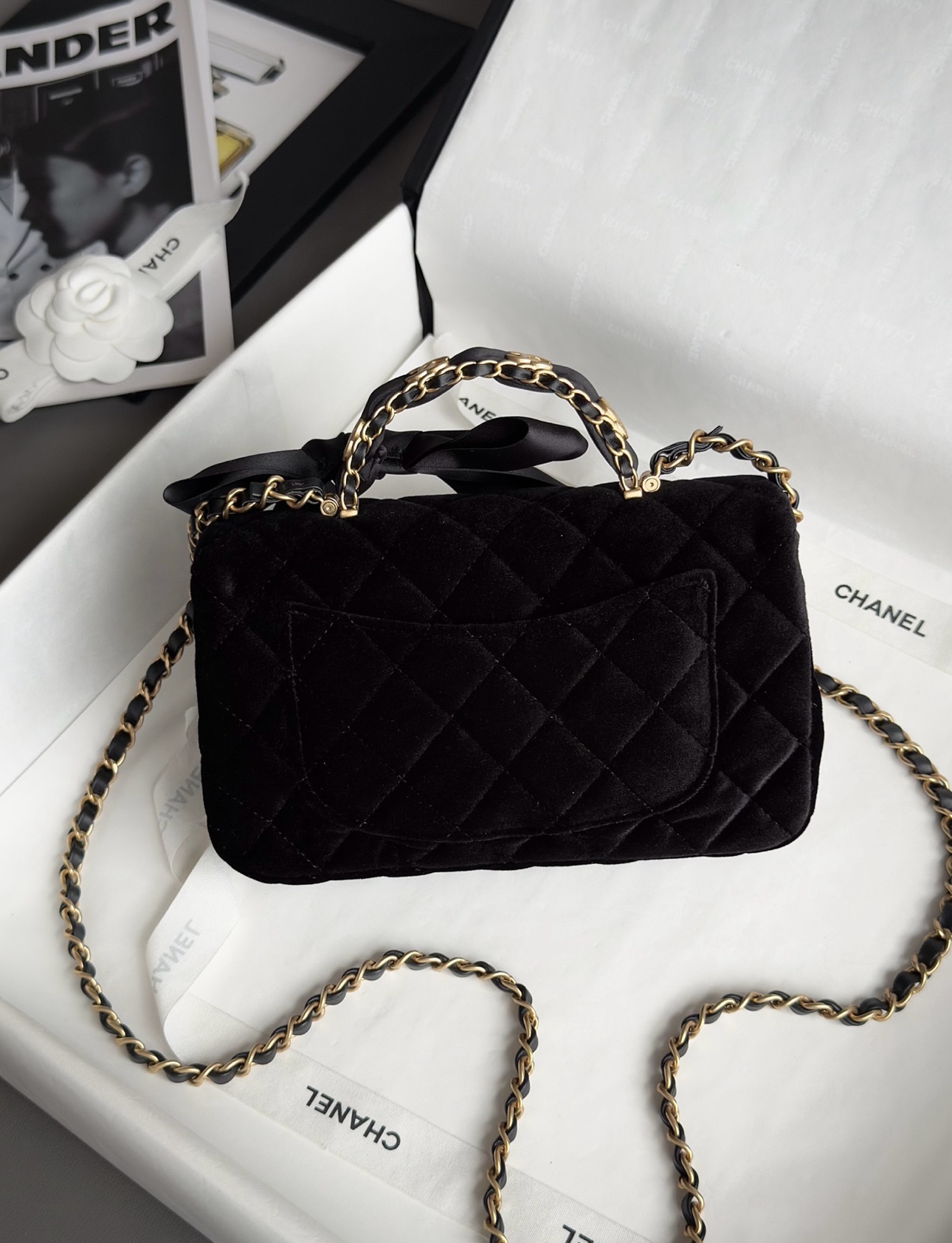 CHANEL Mini Flap Bag with Top Handle Velvet, Silk