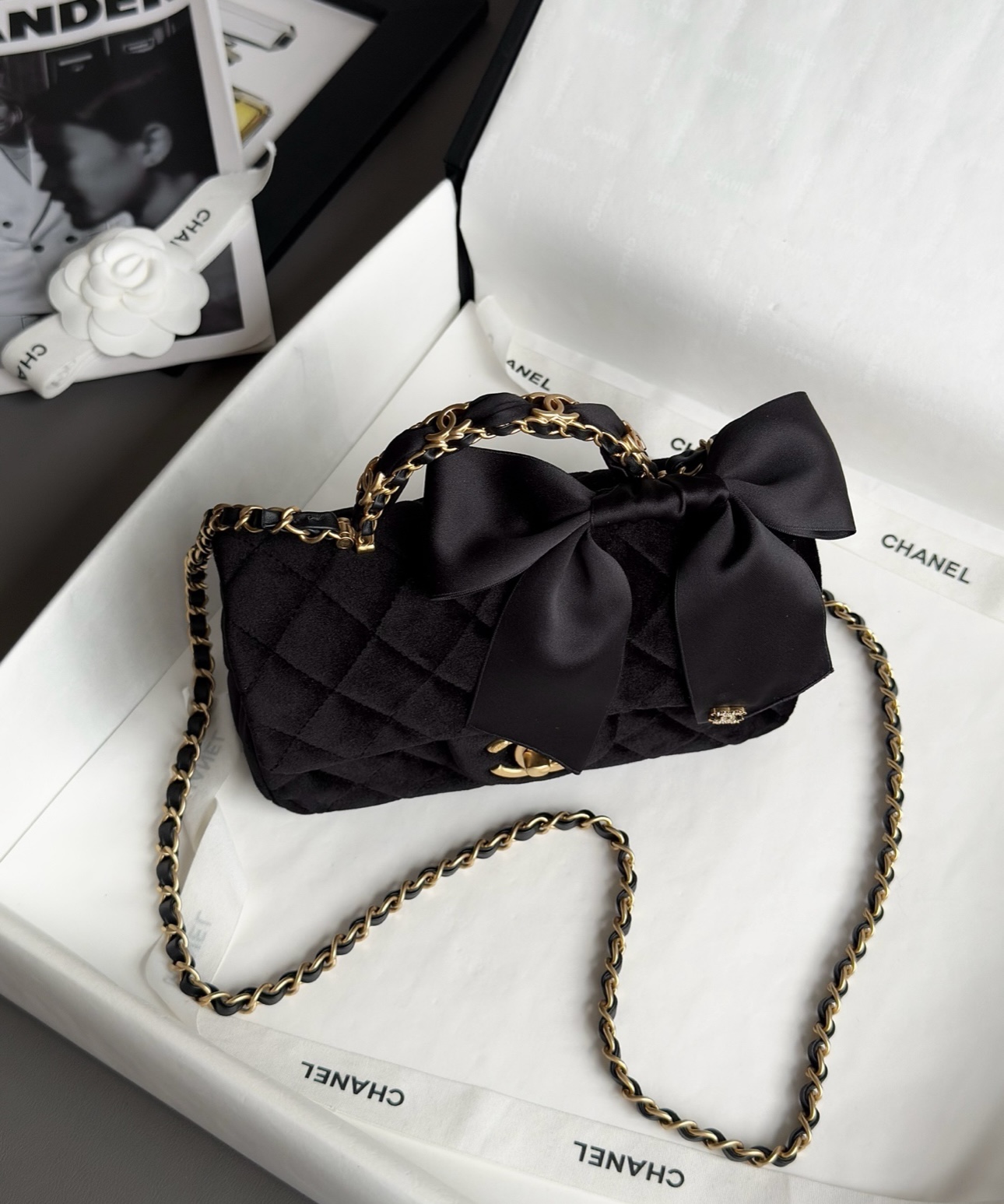 CHANEL Mini Flap Bag with Top Handle Velvet, Silk