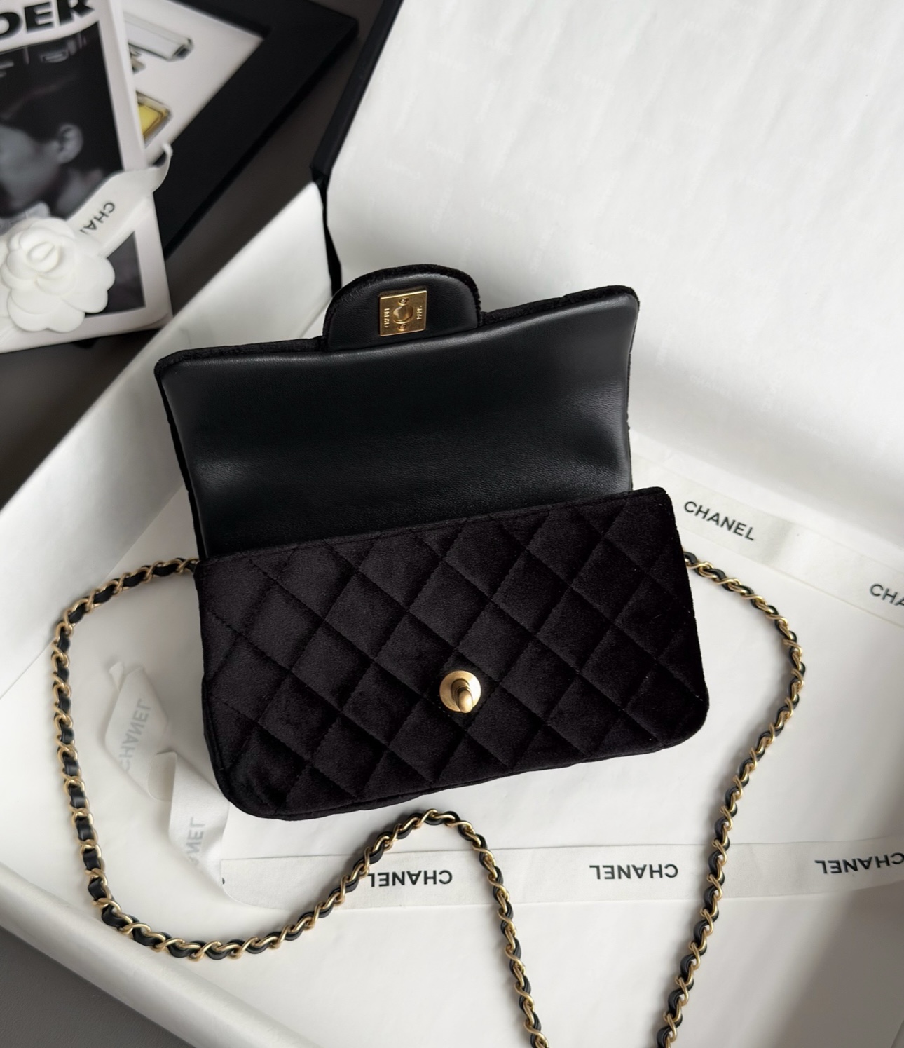 CHANEL Mini Flap Bag with Top Handle Velvet, Silk