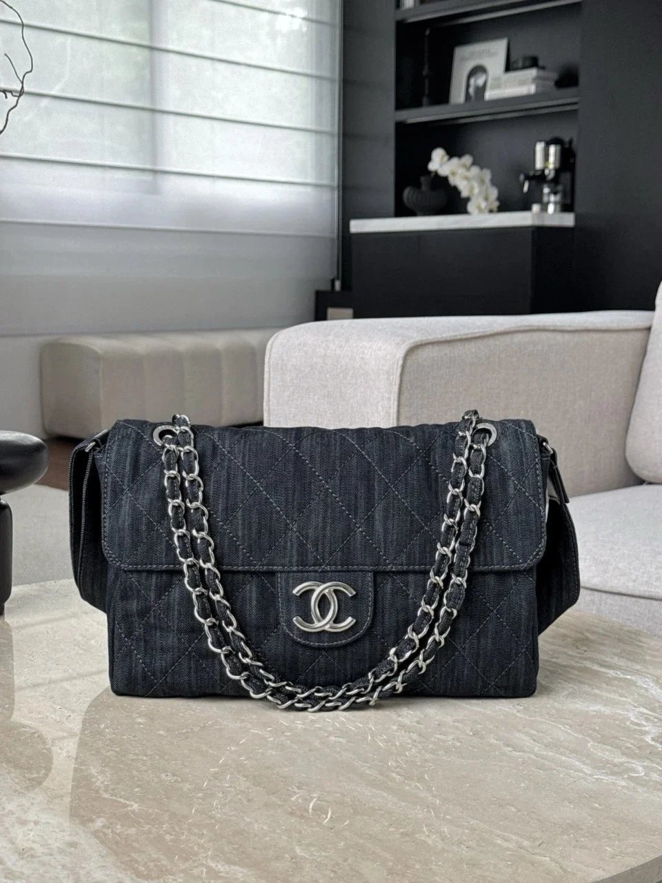 CHANEL Vintage Denim Bag Underarm Chain Messenger Silver Hardware