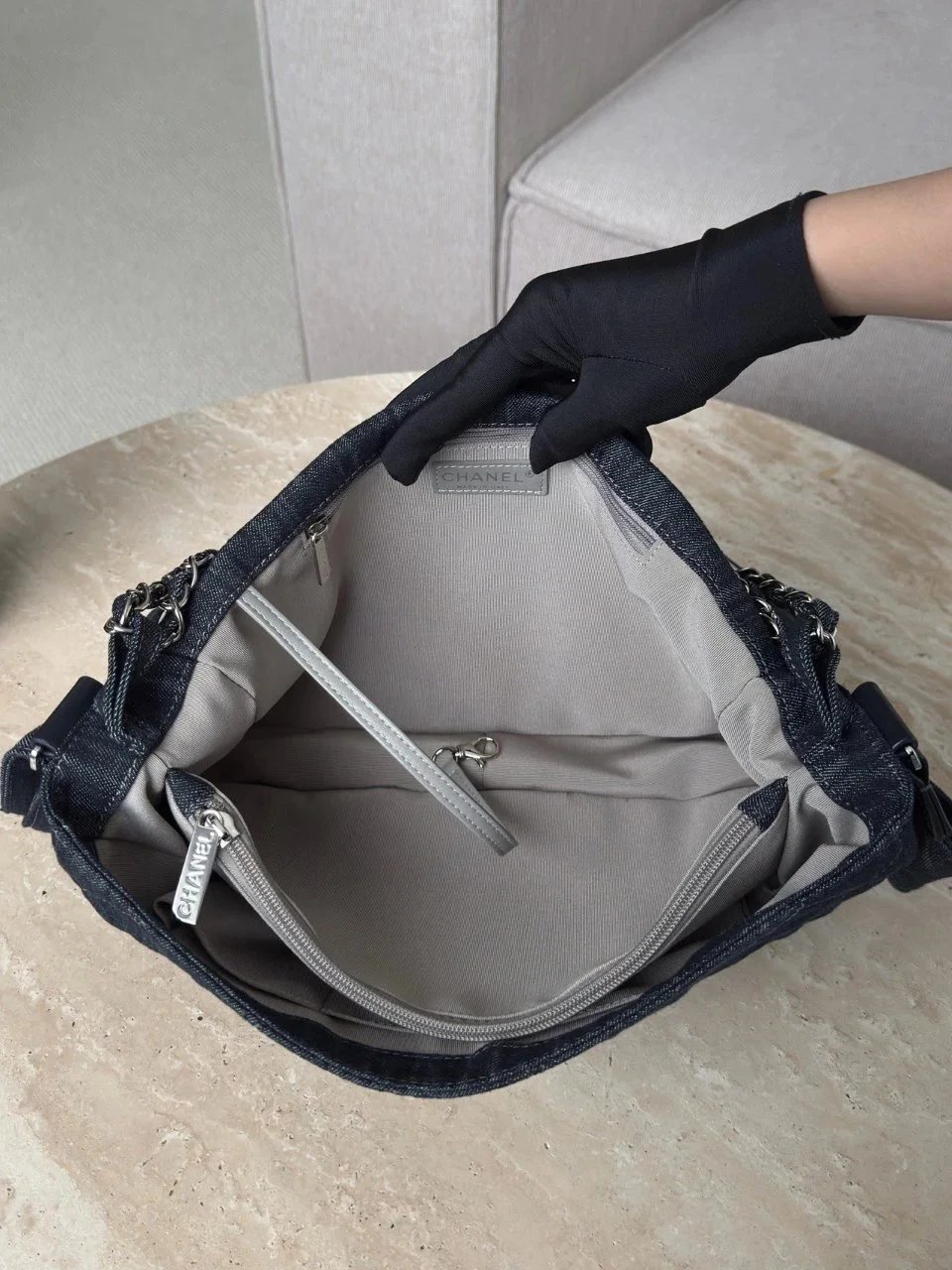 CHANEL Vintage Denim Bag Underarm Chain Messenger Silver Hardware