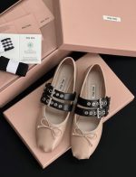 MIUMIU Nude Lambskin Ribbon Buckle Ballet Flats
