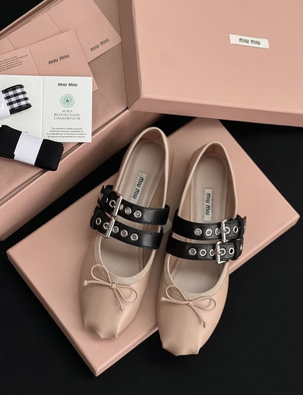 MIUMIU Nude Lambskin Ribbon Buckle Ballet Flats