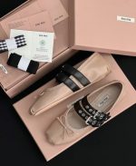 MIUMIU Nude Lambskin Ribbon Buckle Ballet Flats