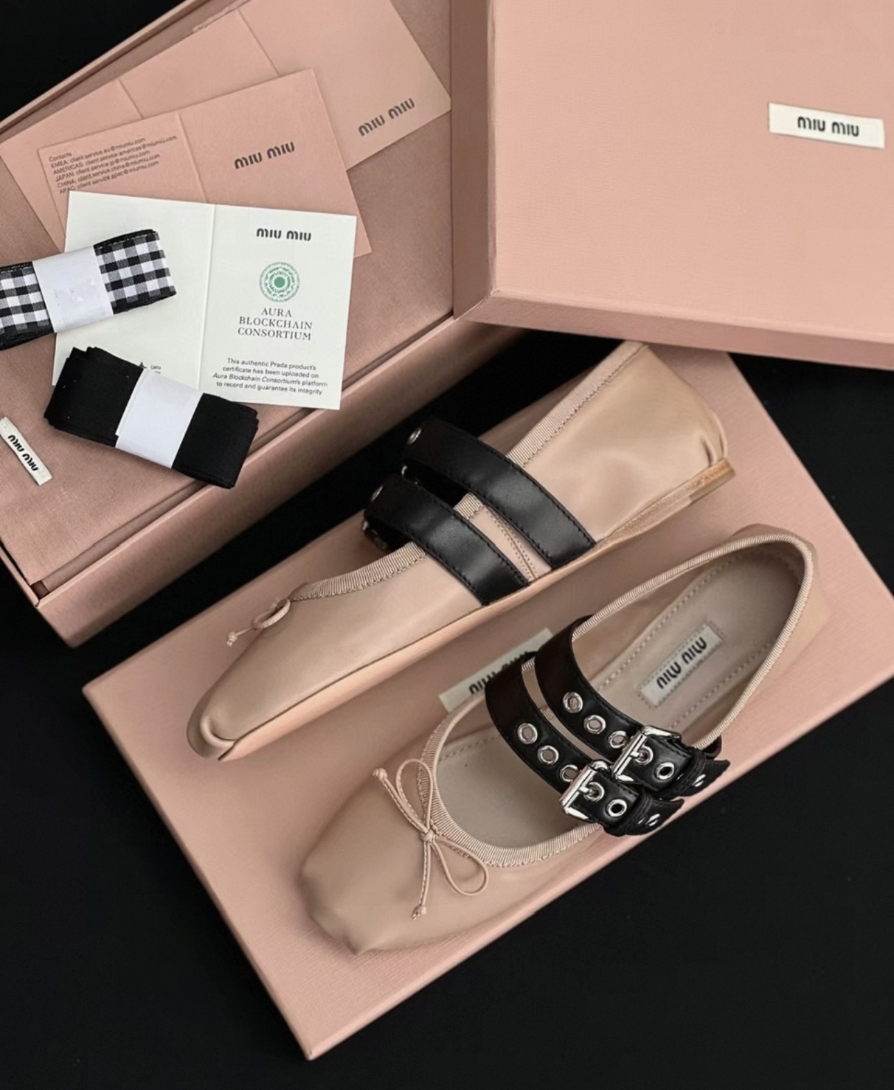 MIUMIU Nude Lambskin Ribbon Buckle Ballet Flats