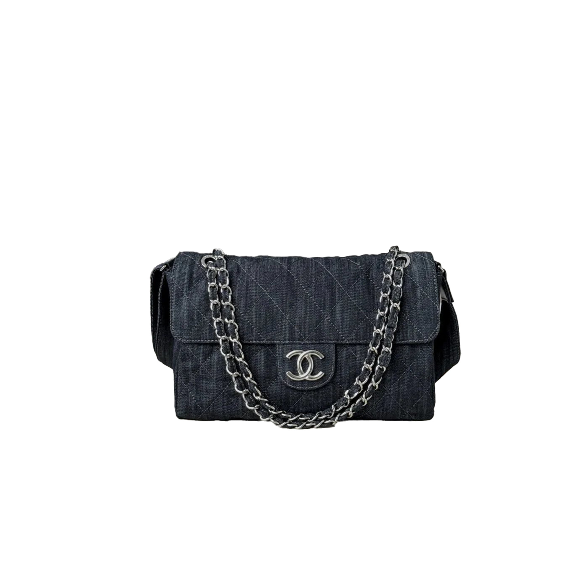 CHANEL Vintage Denim Bag Underarm Chain Messenger Silver Hardware